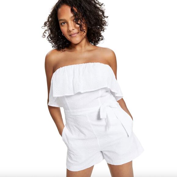 Bar III White Cotton Eyelet Romper Women sz‎ 6 CottageCore Y2K Sleeveless Ruffle - Picture 1 of 5